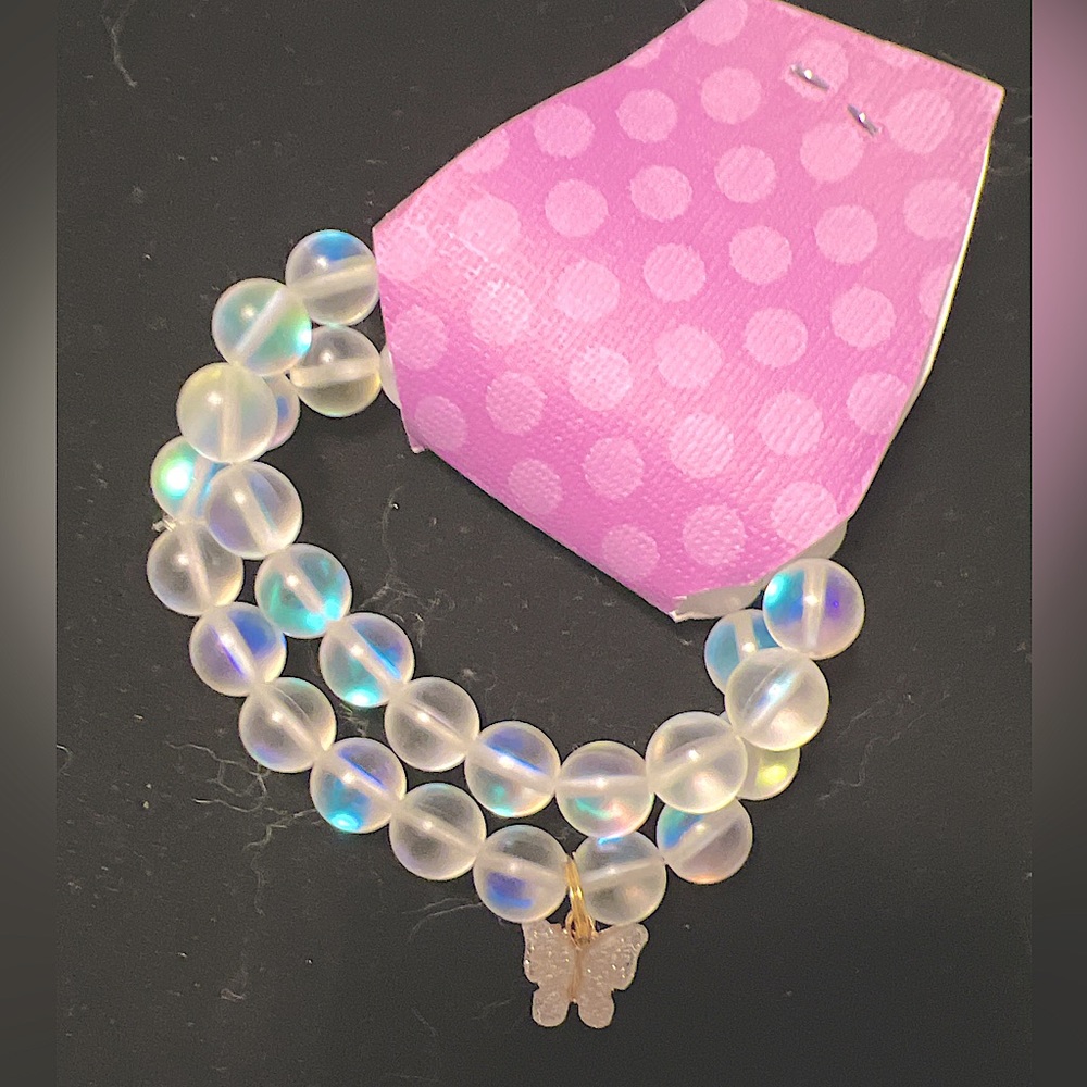 Hand crafted two piece iridescent glass beaded bracelet stretch fit